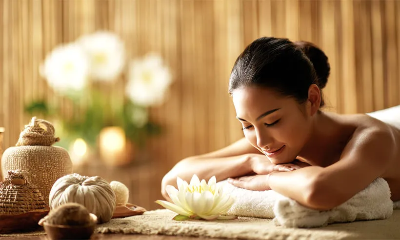 心地よい施術でリラックスする女性のイメージ。タイマッサージのメニュー案内